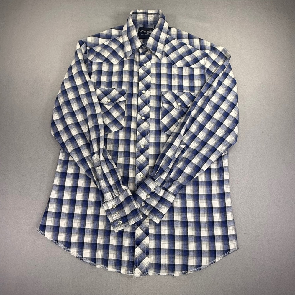 Wrangler Mens Western Pearl Snap Shirt Blue White Plaid Long Sleeve Regular L